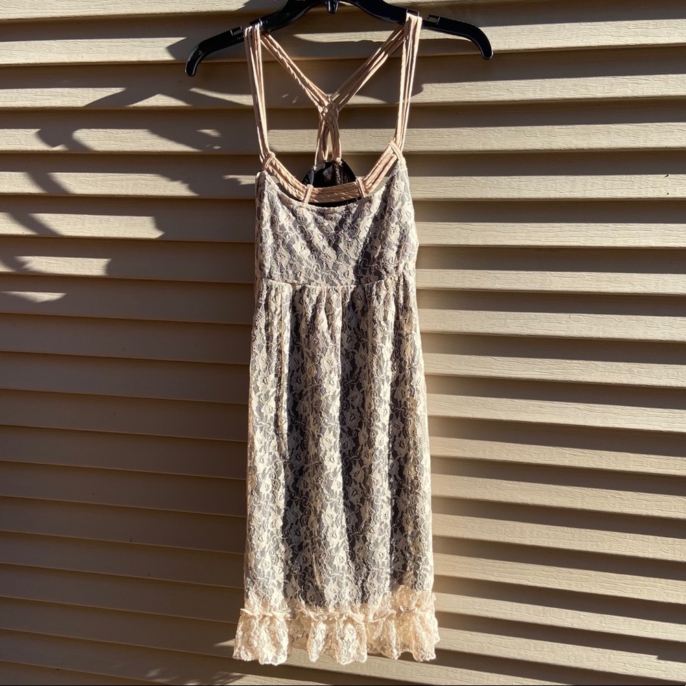 Freebird tan lace overlay sleeveless mini dress